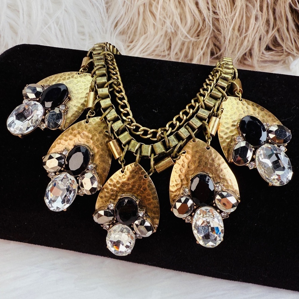 Vintage Aged Brasstone Hammered Black Clear Bling Accent Statement Necklace